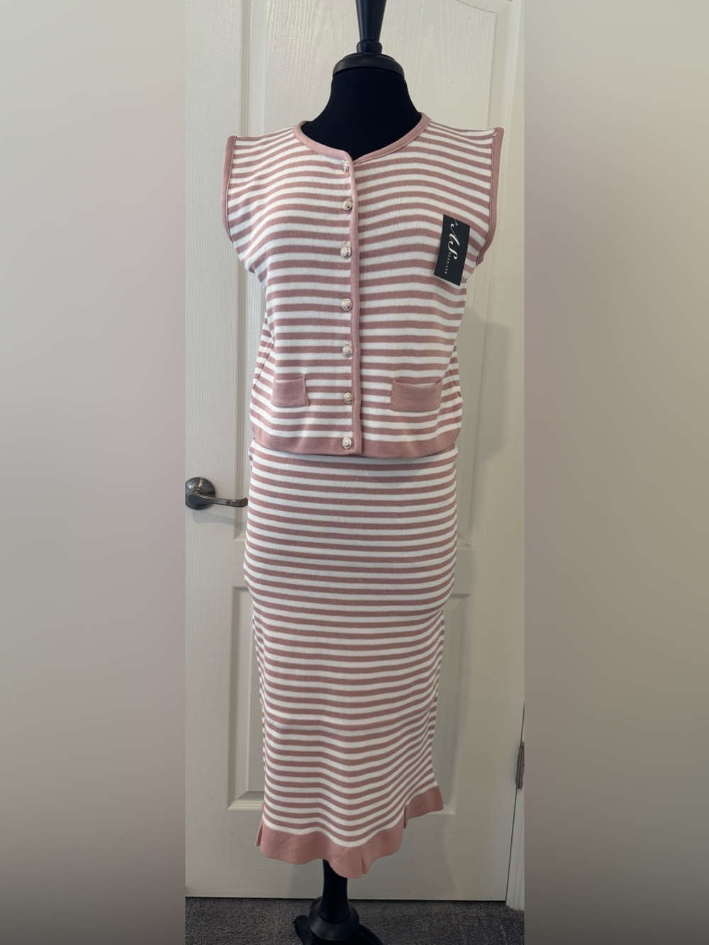 Striped Knit Two-Piece Set in Dusty Rose & White